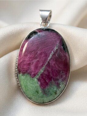 Ruby Zoisite Pendant Sterling Silver 925 Bale Oval Cabochon Stone